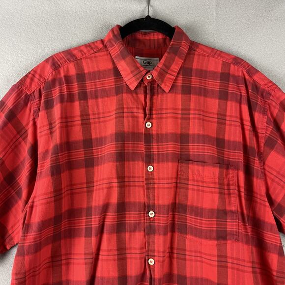VTG Gap Shirt Mens Large Red Plaid Button Up Short Sleeve Cotton USA Made 90s - Picture 2 of 13